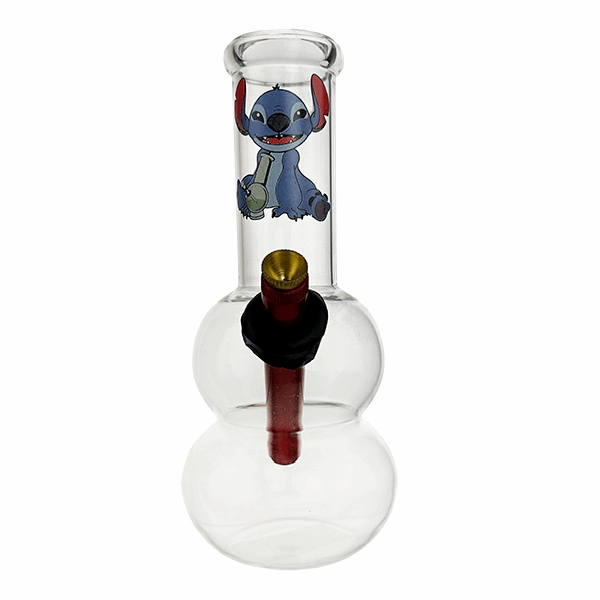 Glass water bottle with cartoon character on a white background