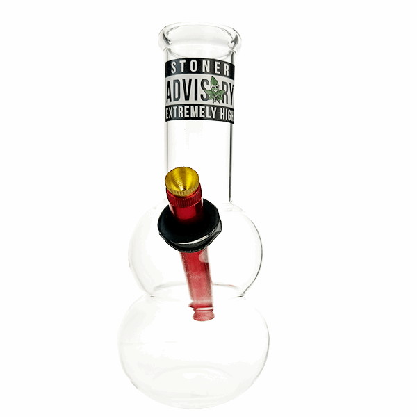 Glass smoking device with 'Stoner Advisory' label on a white background
