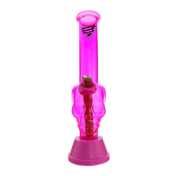 A pink silicone bong with a skull design and a silicone base.