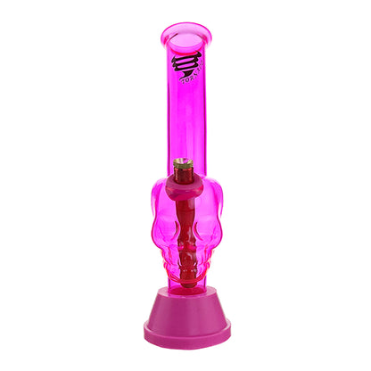 A pink silicone bong with a skull design and a silicone base.