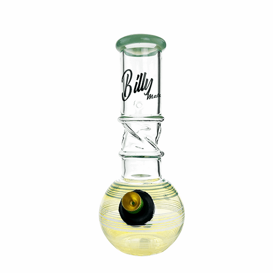 Glass water pipe with 'Billy' branding on a white background