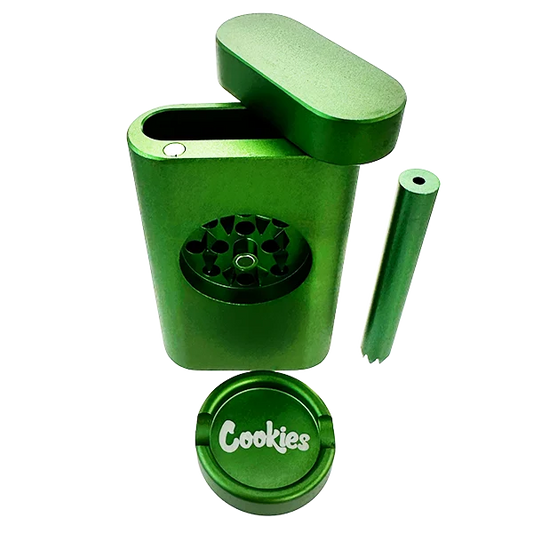 Green metal grinder with a 'Cookies' logo on a white background