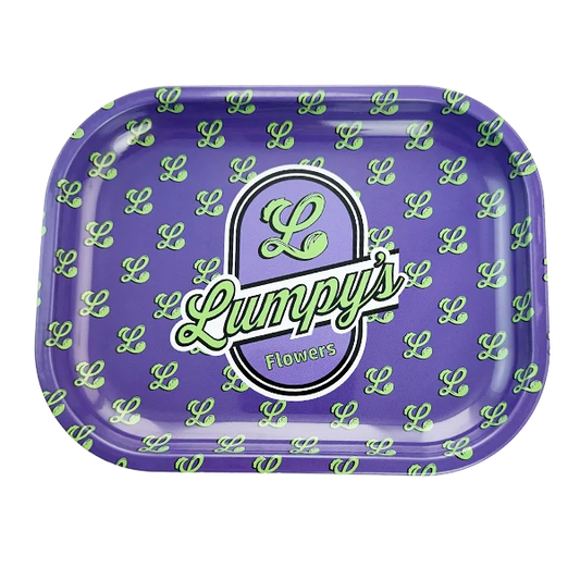 Purple tray with 'Lumpy's Flowers' logo and green patterns on a white background