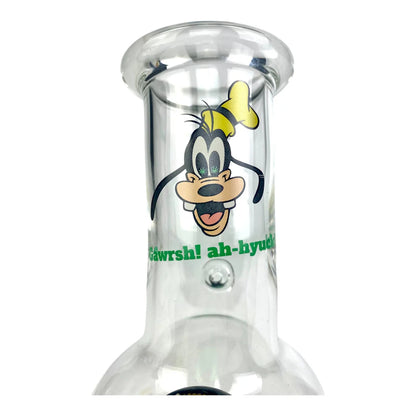 Clear glass smoking accessory with cartoon character design on a white background