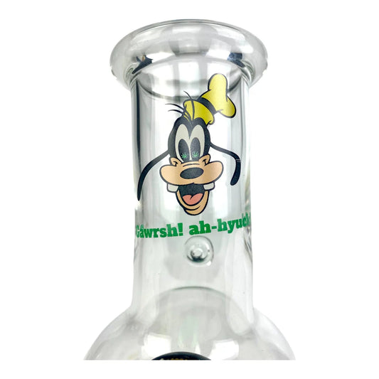 Clear glass smoking accessory with cartoon character design on a white background