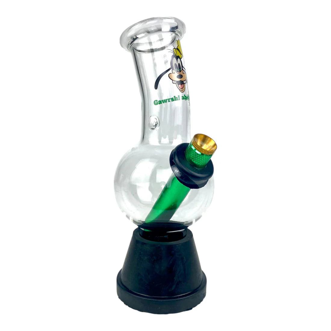 Glass water pipe with black base on a white background