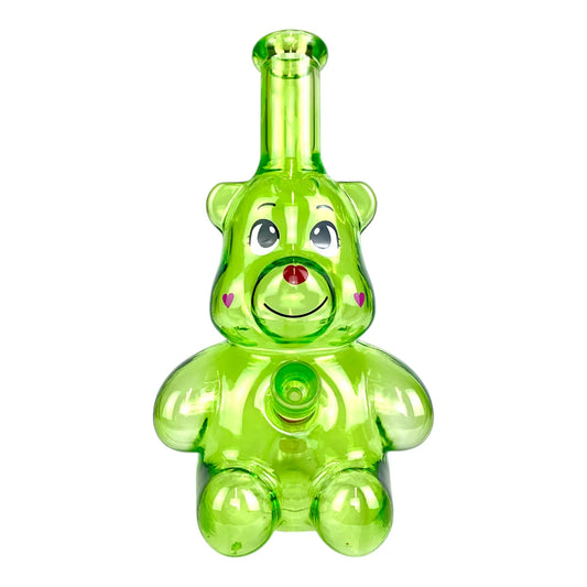 Green bear-shaped bottle with a face on a white background