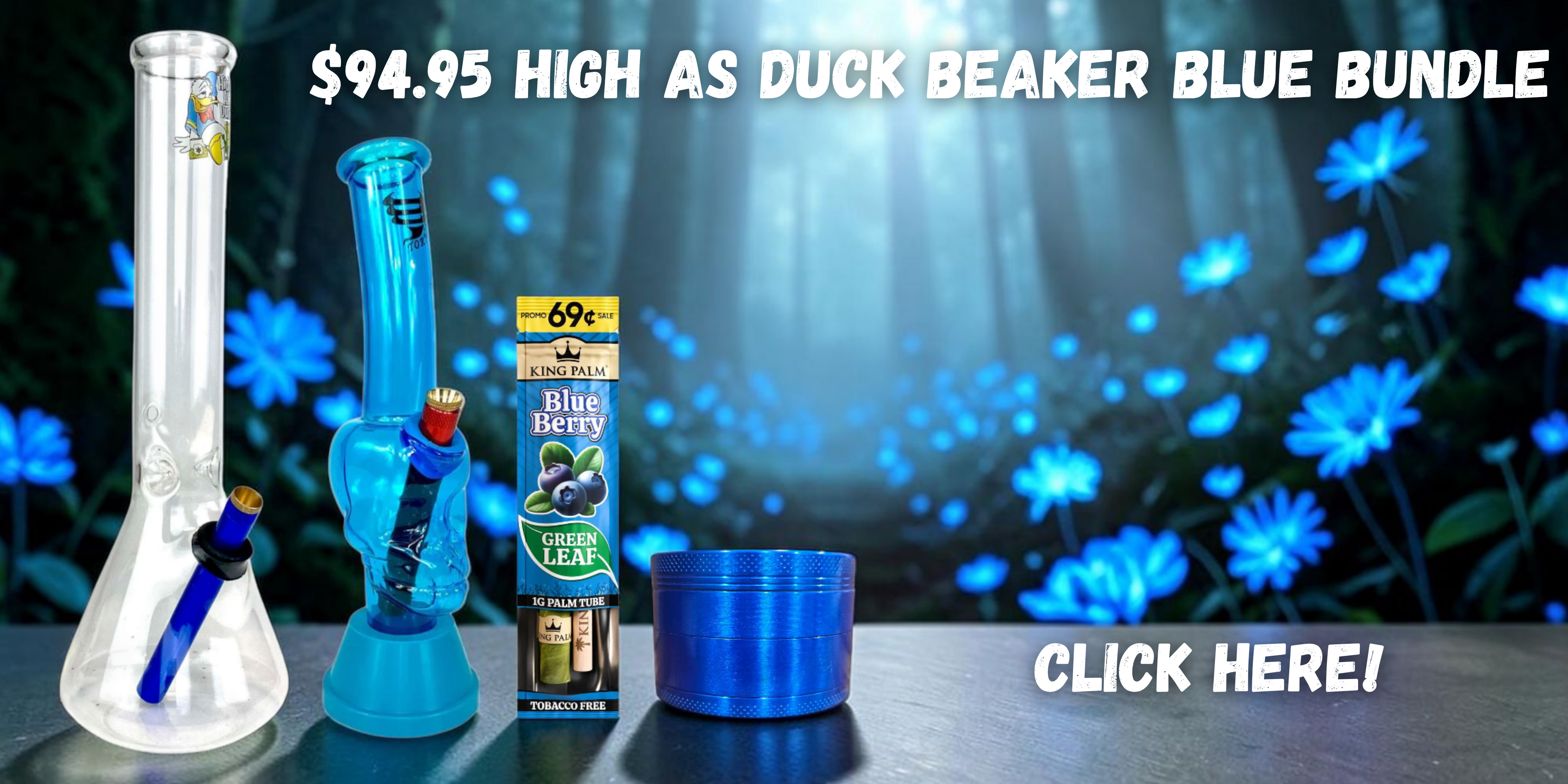$94.95 High As Duck Beaker Blue Bundle featuring a 35cm beaker bong, Tornado Skull Bong Blue, BILLYMART blue 4-piece grinder, and King Palm Chocolate Cookie Mini
