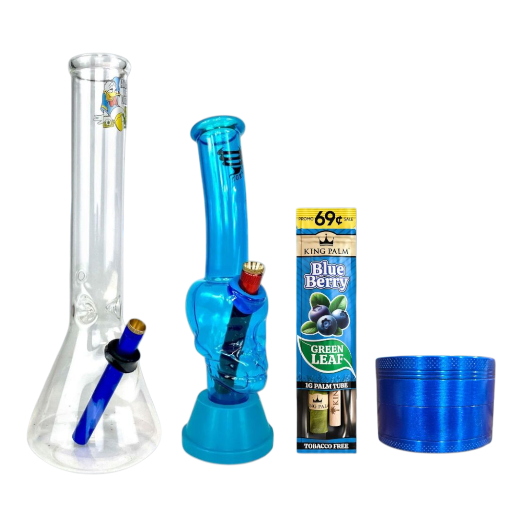 $94.95 High As Duck Beaker Blue Bundle featuring a 35cm beaker bong, Tornado Skull Bong Blue, BILLYMART blue 4-piece grinder, and King Palm Chocolate Cookie Mini
