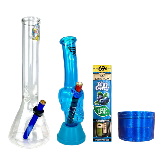 $94.95 High As Duck Beaker Blue Bundle featuring a 35cm beaker bong, Tornado Skull Bong Blue, BILLYMART blue 4-piece grinder, and King Palm Chocolate Cookie Mini