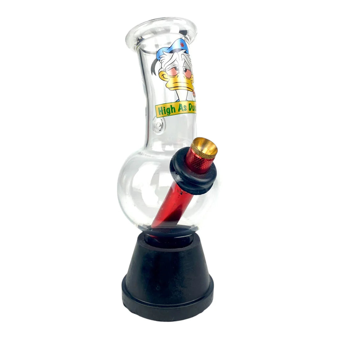 Glass smoking device with cartoon character and 'High As Dope' text on a white background