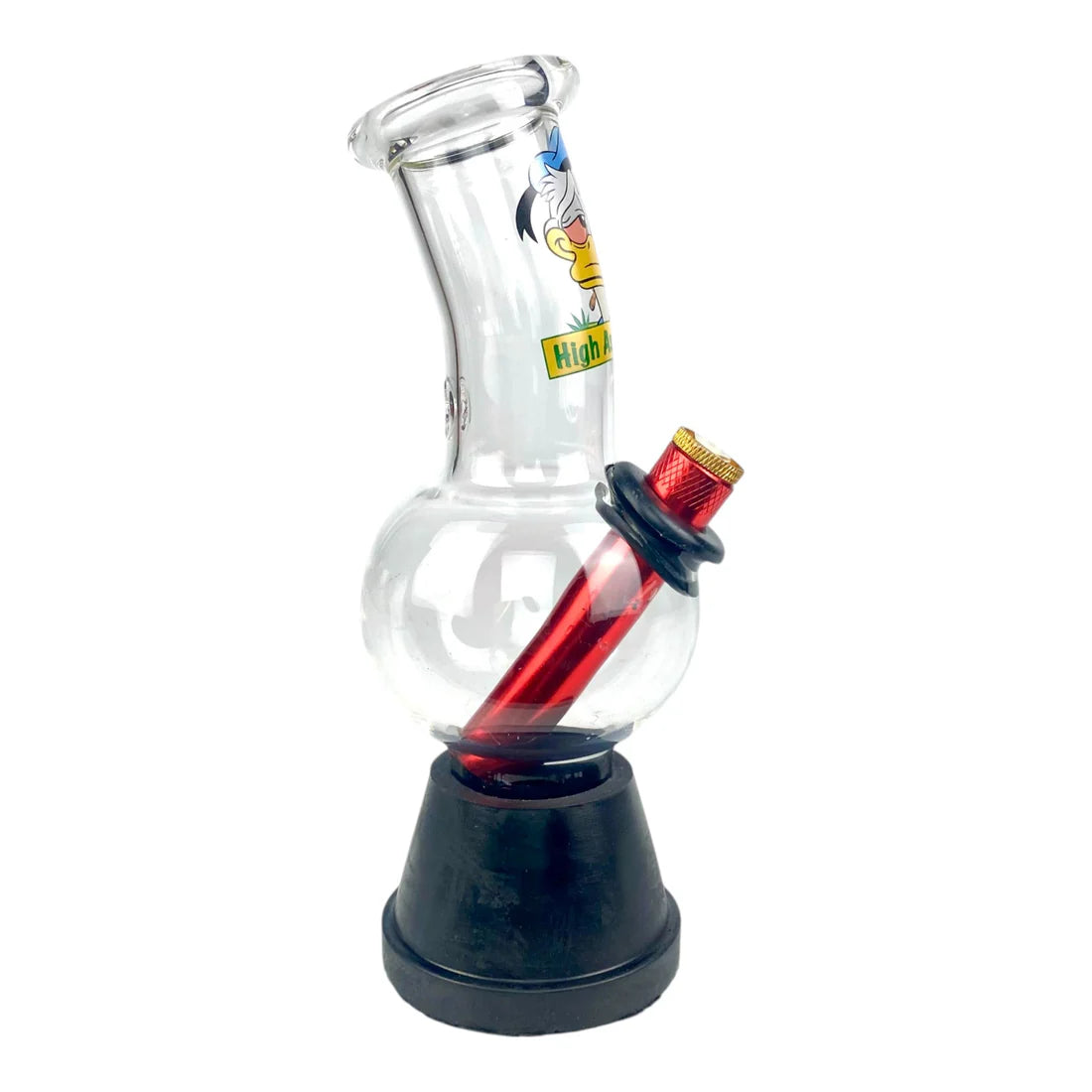 Glass smoking device with a red interior and black base on a white background