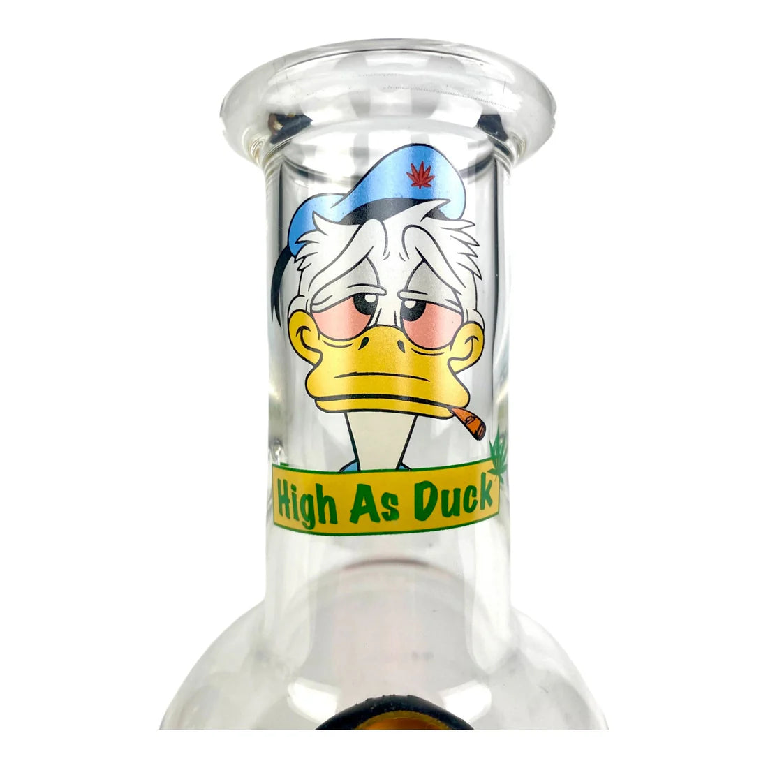 Glass pipe with cartoon duck design and 'High As Duck' text on a white background