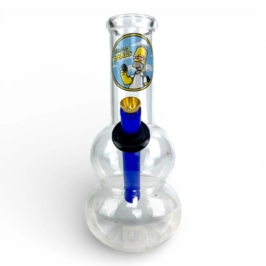 Proudly Baked Homer Double Bubble Bong 20cm — novelty glass bong with double bubble chamber, metal stem, and Homer-inspired artwork