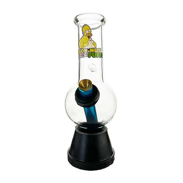 HOMER Simpson Bubble Bong 18cm — clear glass bubble bong with blue rim, Homer Simpson design, metal stem and brass cone piece