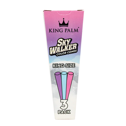 This image features a package of KING PALM SkyWalker Pre-rolled Cones, presented in a 3-pack. The packaging is striking with its vibrant pink and purple color scheme, directly tying into the product's theme of "Sky Walker Color Cones.