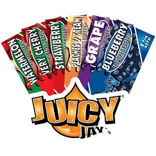 Assorted Juicy Jay rolling paper packages with colorful labels on a white background.