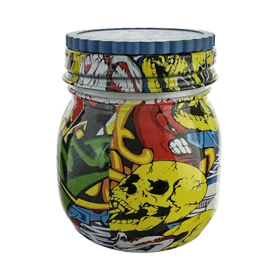A large jar with a colorful graffiti design on its surface, sealed with a blue lid.