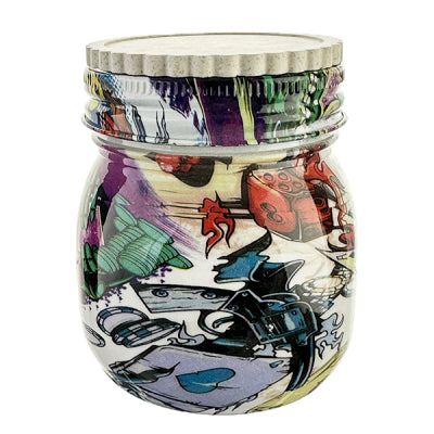 A large glass jar with a metal lid, decorated with a colorful comic book style illustration.