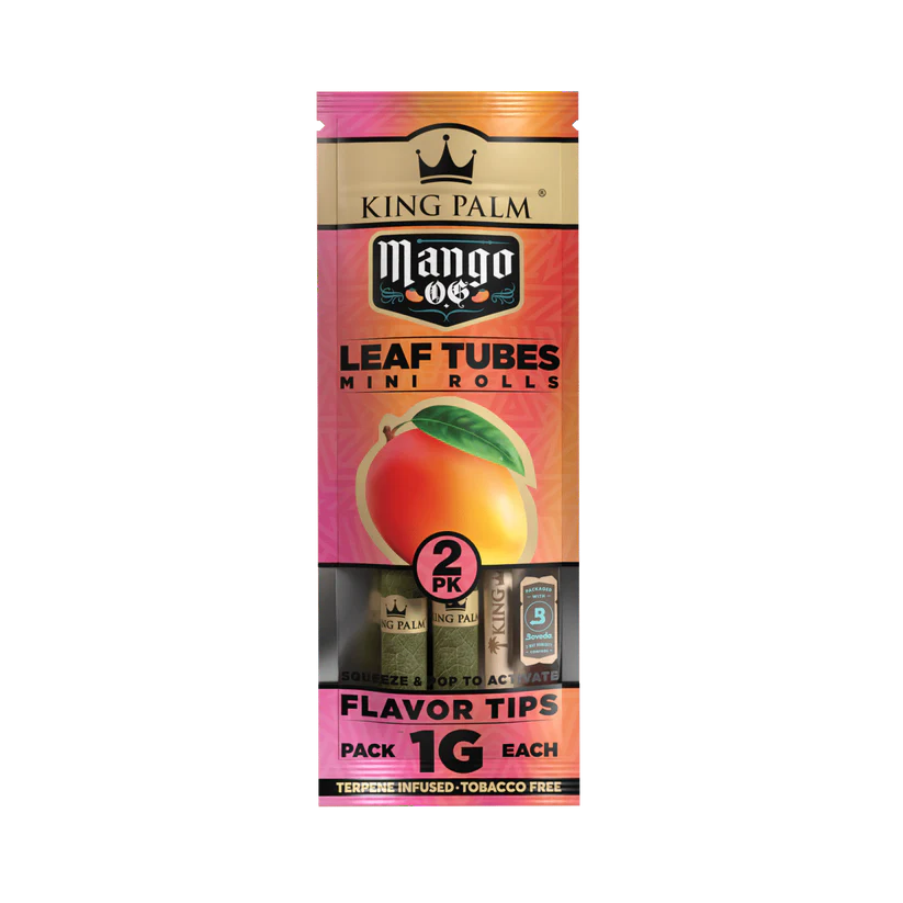 A package of KING PALM Minis Mango OG vaping devices with a mango fruit image and a label indicating 2 devices, 15mL each, with a 'Flavor Tips' section.