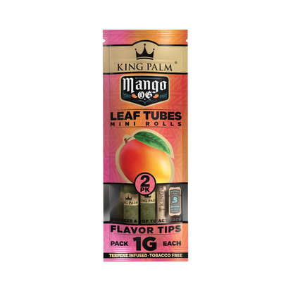A package of KING PALM Minis Mango OG vaping devices with a mango fruit image and a label indicating 2 devices, 15mL each, with a 'Flavor Tips' section.