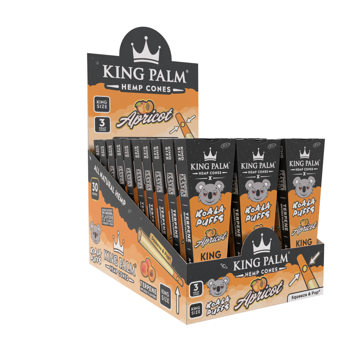 KING PALM Apricot Cones King Size 3pk — natural hemp pre-rolled cones with apricot flavour, pack of 3