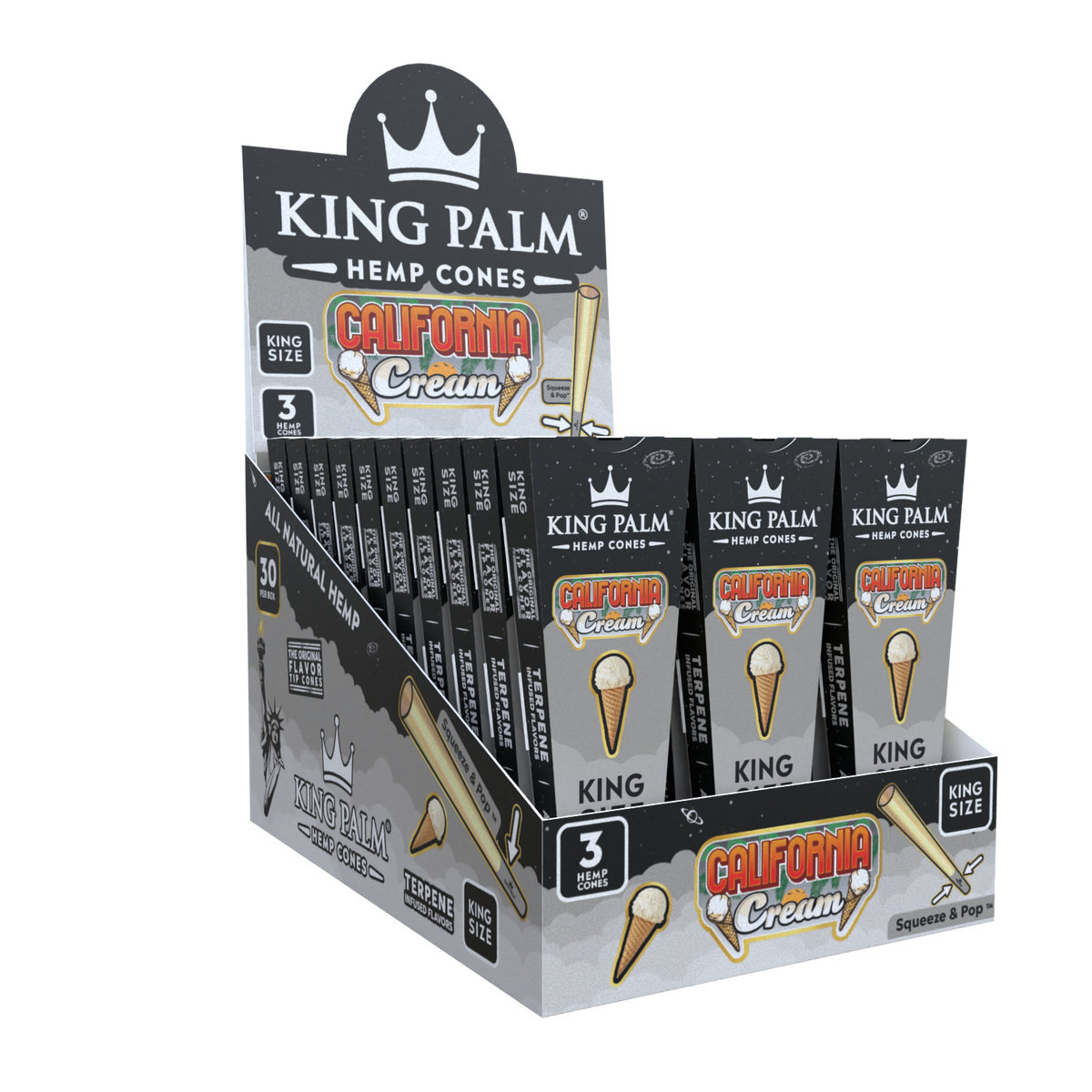 KING PALM California Cream Cones King Size 3pk — natural hemp pre-rolled cones with creamy flavour, pack of 3