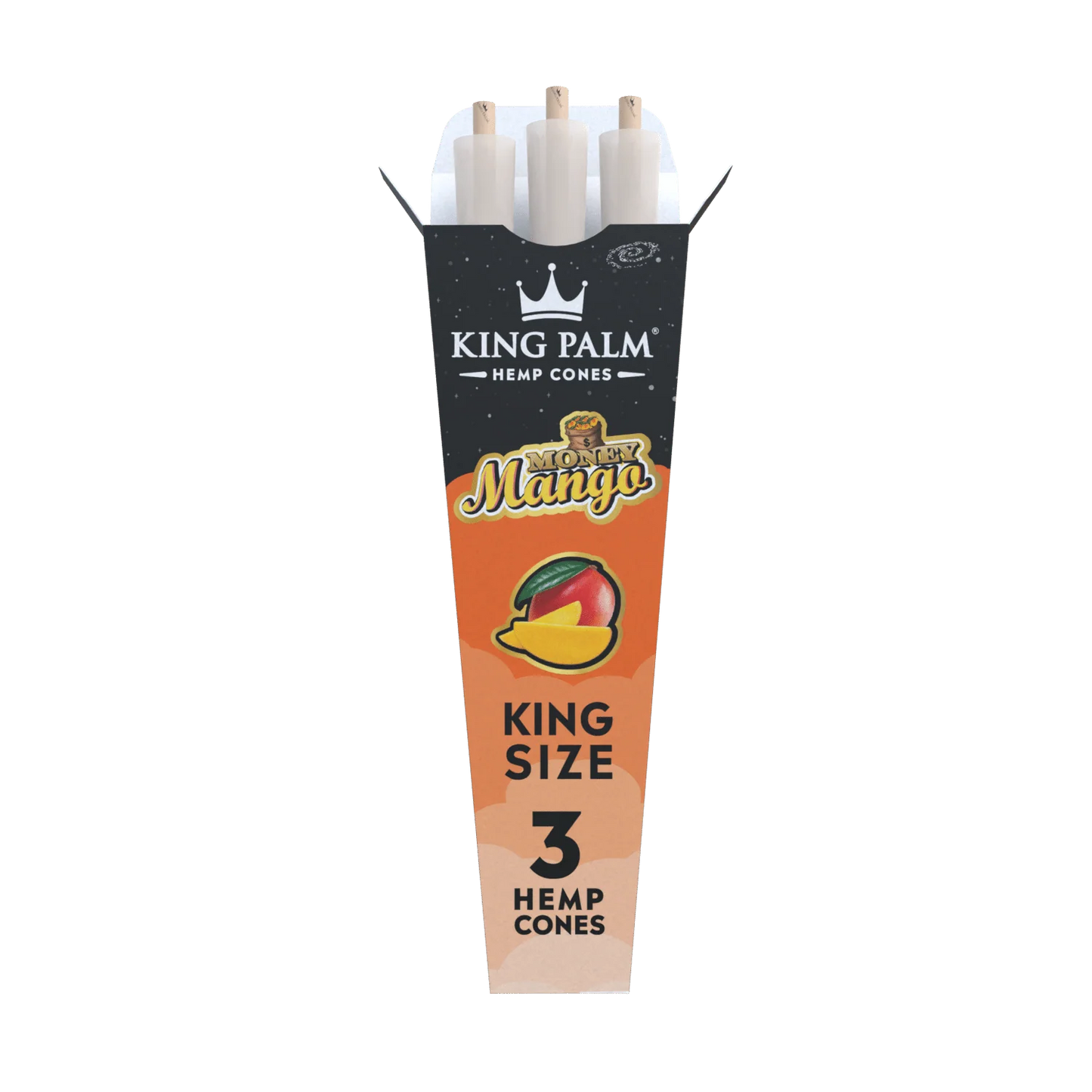KING PALM Money Mango Cones King Size 3pk — natural hemp pre-rolled cones with mango flavour, pack of 3