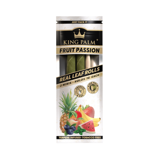Packaging for KING PALM Minis Fruit Passion, featuring images of various fruits and the text 'JUST PACK 15', 'REAL LEAF ROLLS', and 'Tobacco Free'.