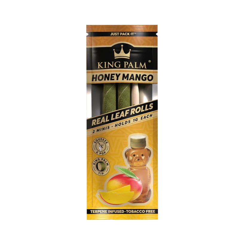 Packaging for KING PALM Honey Mango flavor real leaf rolls, indicating a 2-pack quantity, with images of honey and mango, and labels such as 'Just Pack It', 'Tobacco Free', and 'Real Leaf Rolls'.