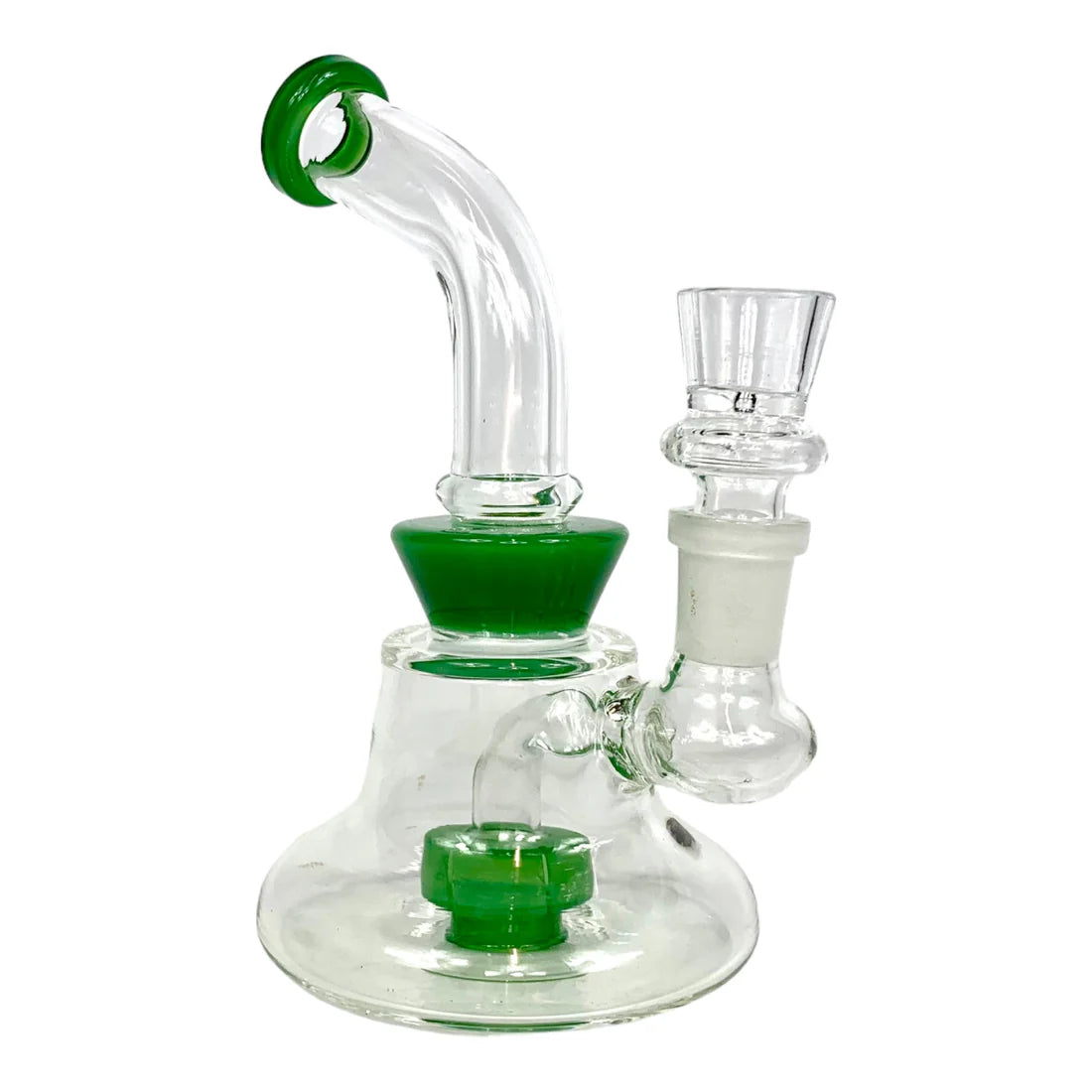 Clear glass water pipe with green accents on a white background