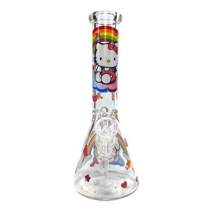 Clear glass water pipe with Hello Kitty design on a white background