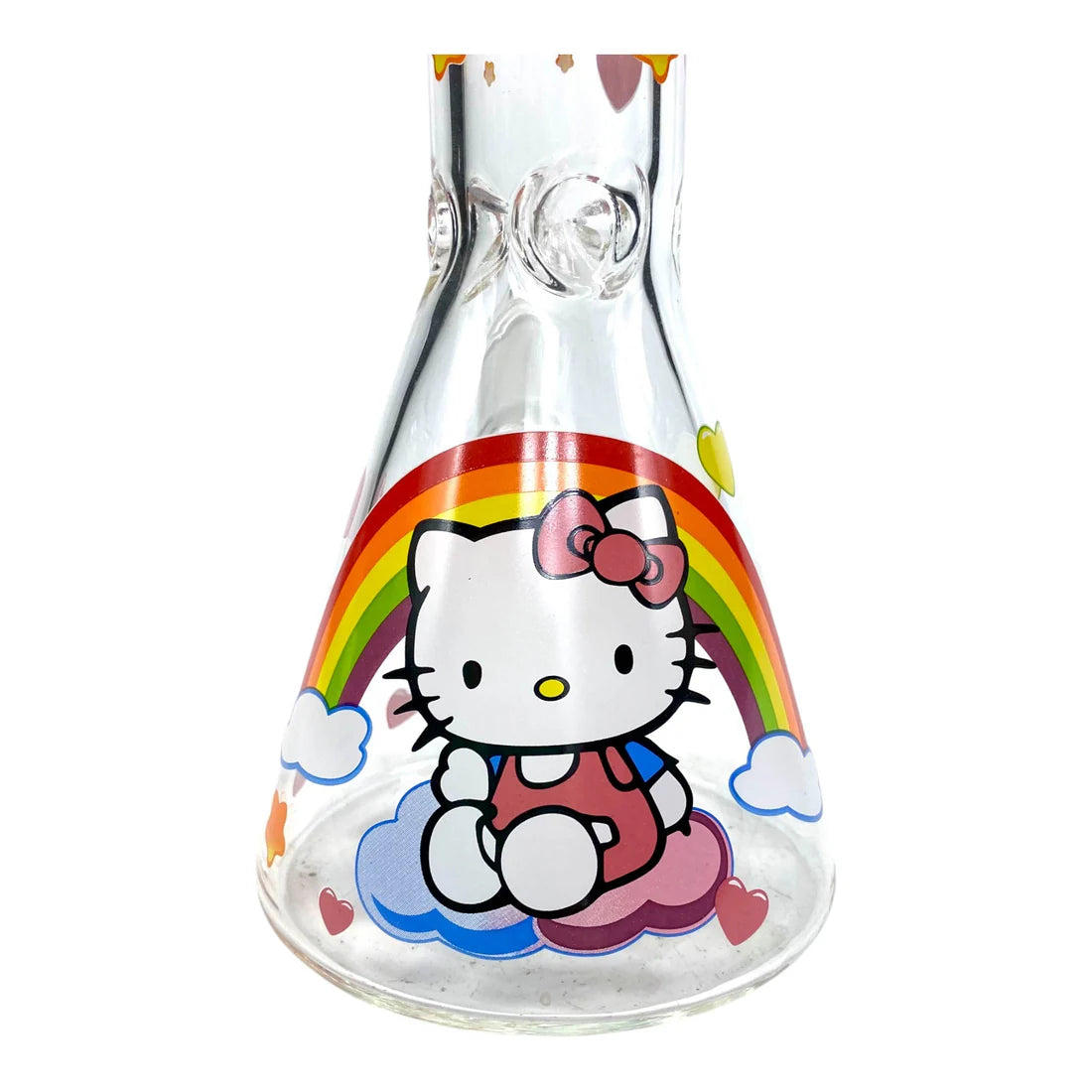 Clear glass vase with Hello Kitty design featuring a rainbow and clouds on a white background