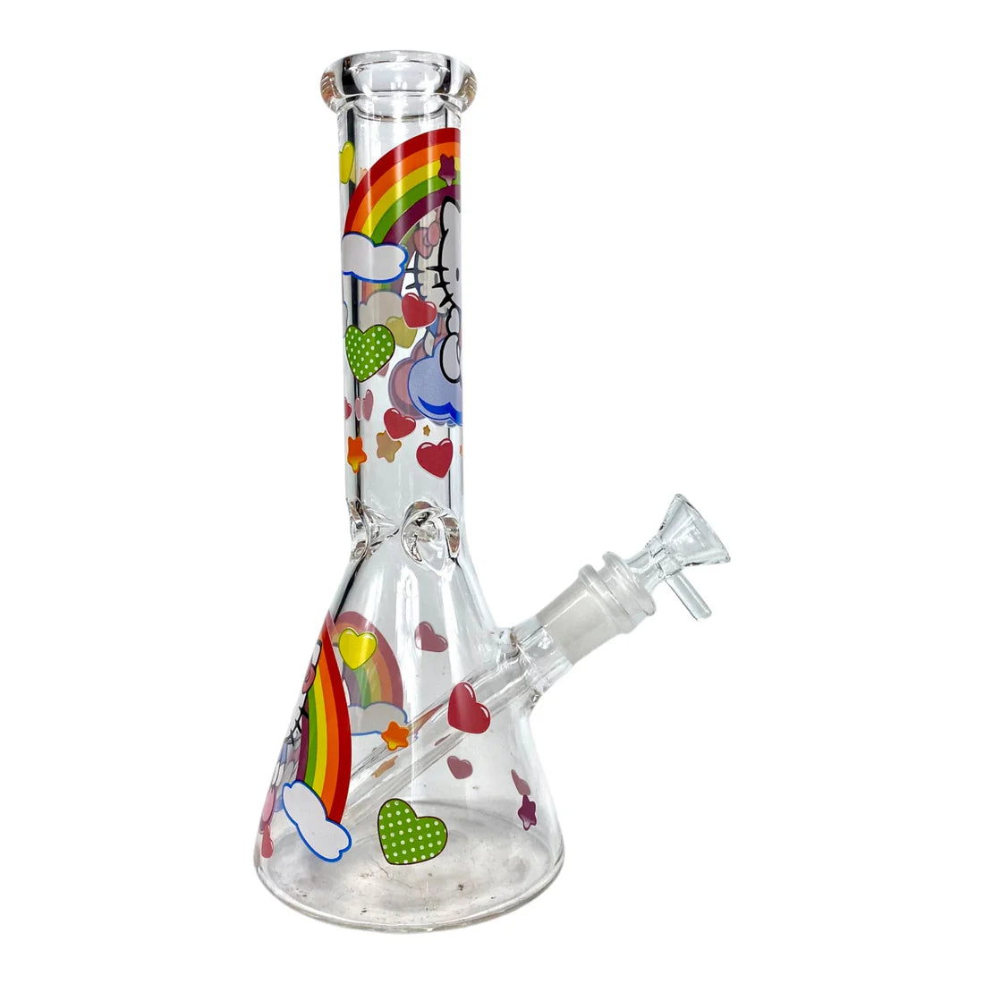 Glass bong with colorful designs on a white background