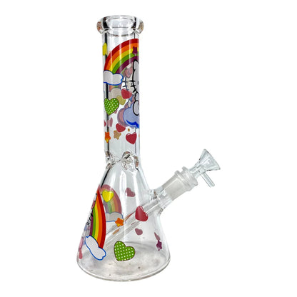 Glass bong with colorful designs on a white background