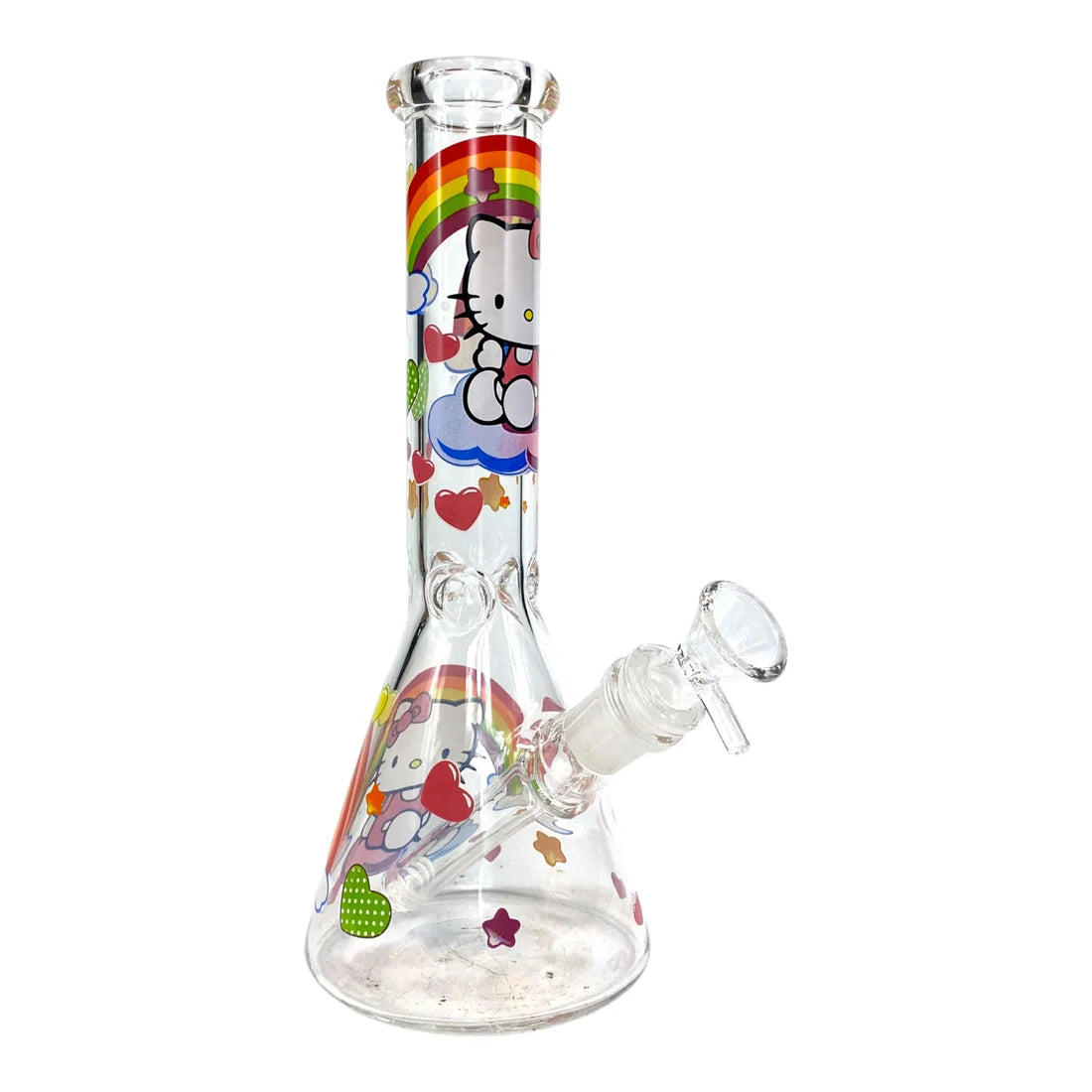 Glass bong with colorful Hello Kitty design on a white background