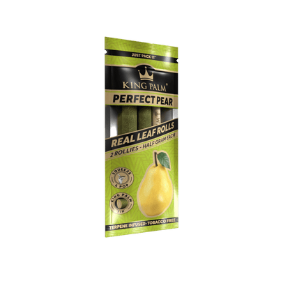 Packaging for KING PALM Perfect Pear Rollie, showing the product name, a pear fruit image, and a list of flavors including 'Real Leaf' and 'Tobacco'. The pack is for 2 rollies.