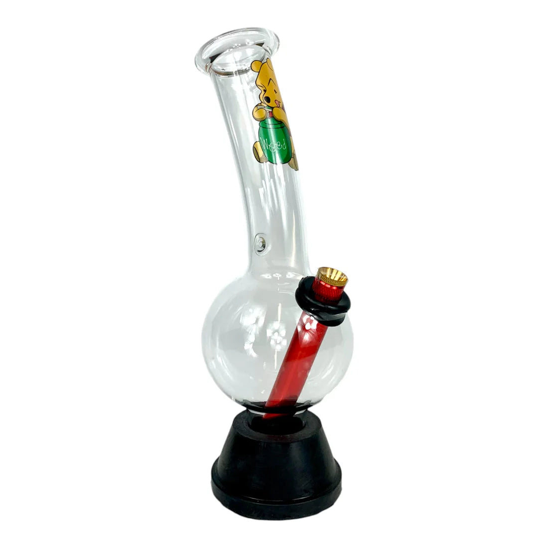 Glass bong with a cartoon character on the neck against a white background
