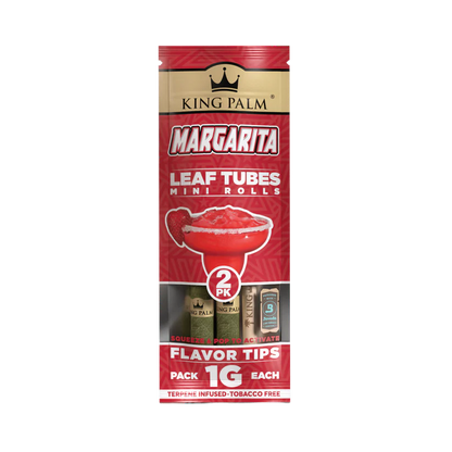 Packaging for KING PALM Minis Margarita flavor leaf tubes. The package is predominantly red with an image of a margarita glass on the front and product details.