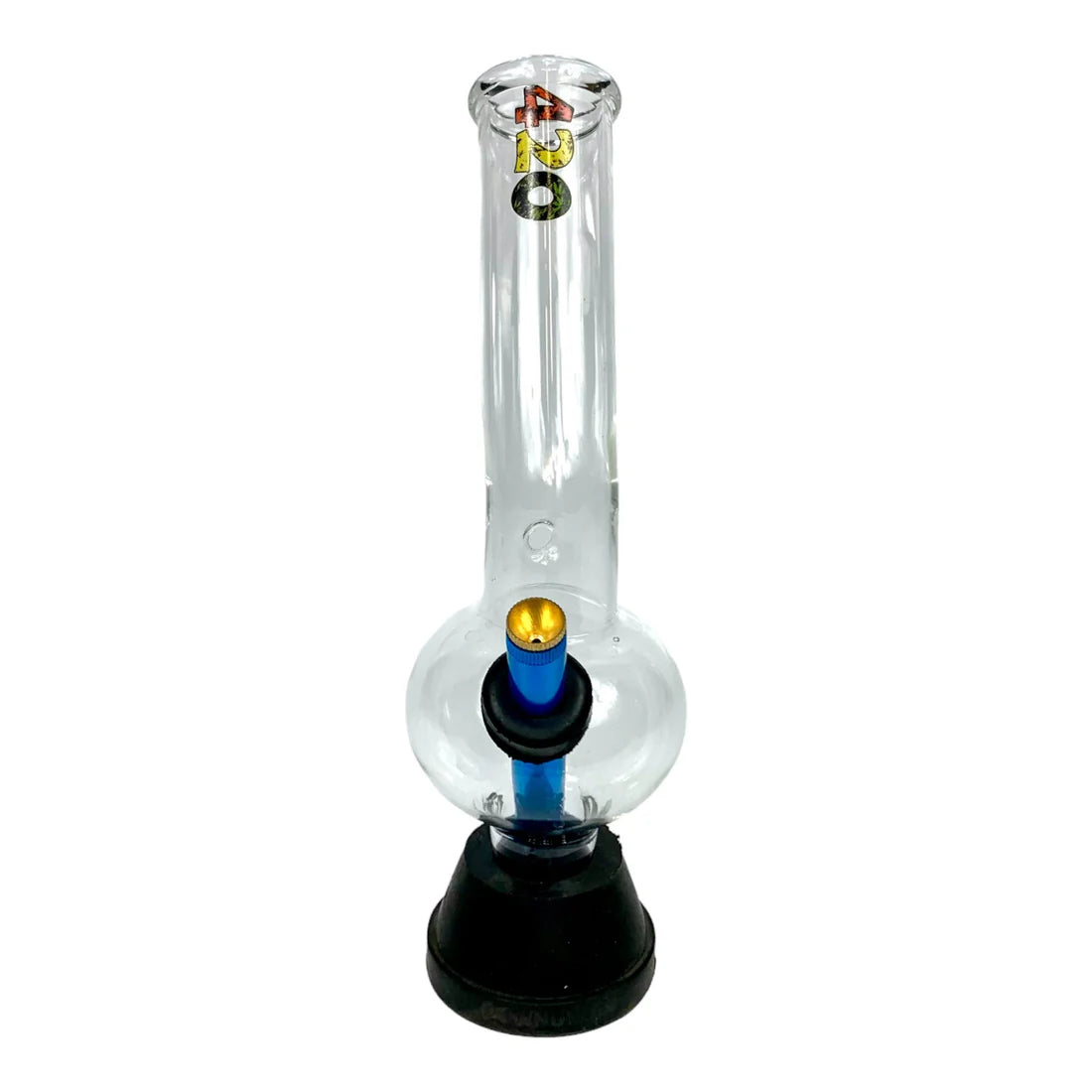 Clear glass water pipe with black base and colorful top on a white background