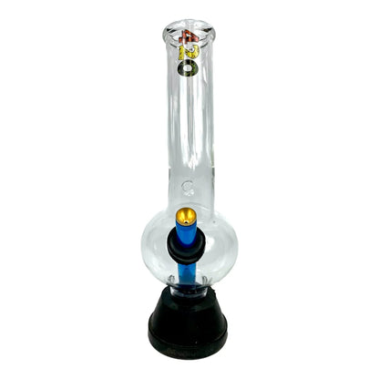 Clear glass water pipe with black base and colorful top on a white background