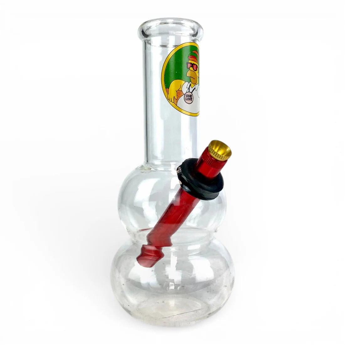 Clear glass smoking device with red and black accents and a colorful logo on a white background