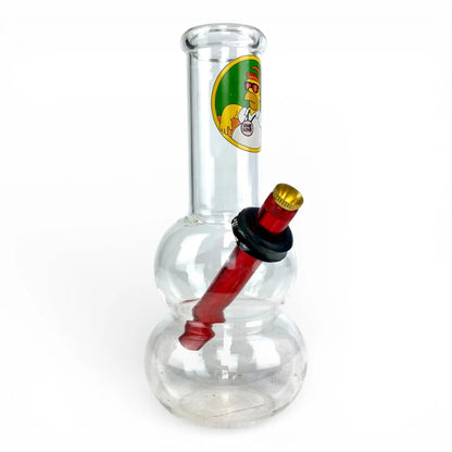 Clear glass smoking device with red and black accents and a colorful logo on a white background