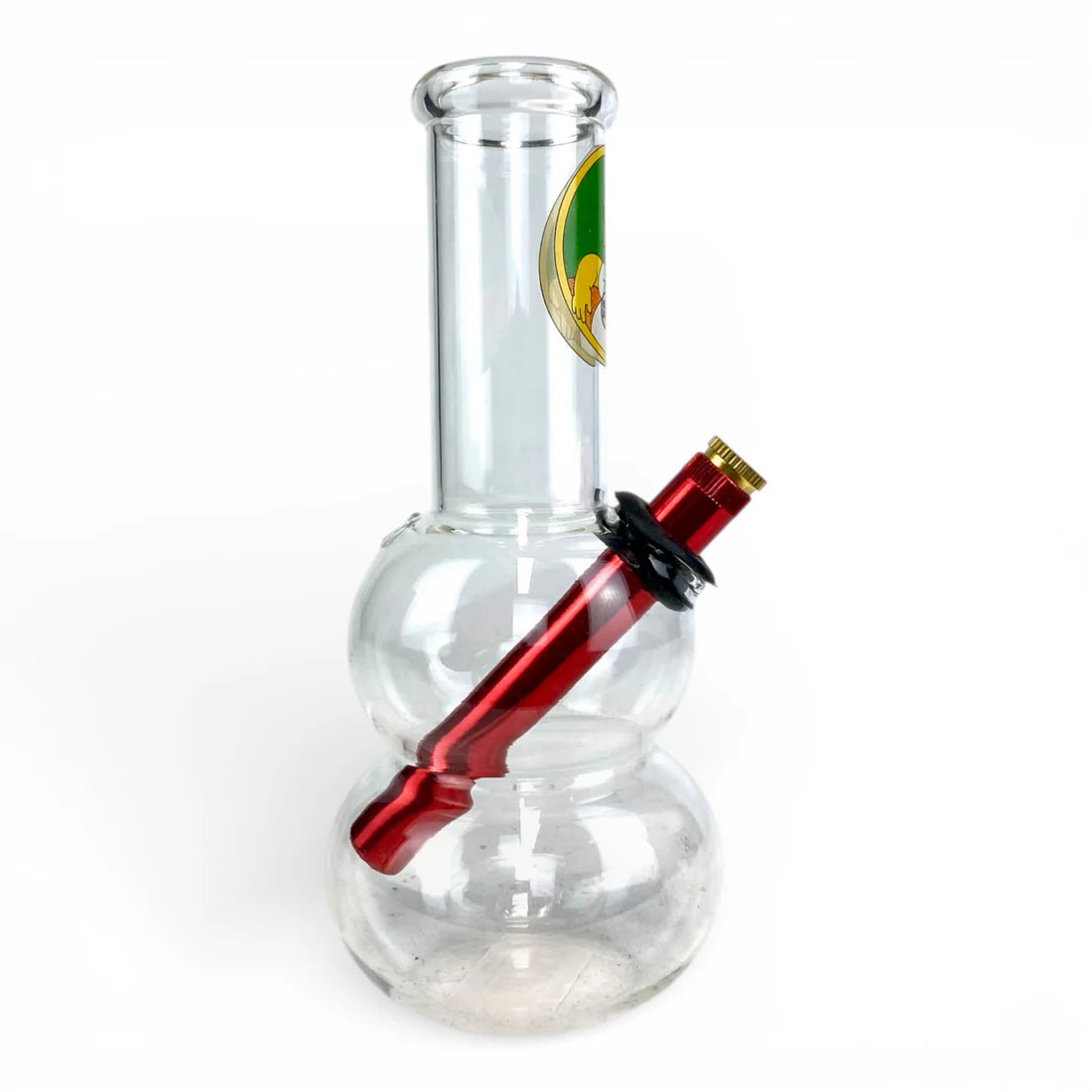 Clear glass bong with a red piece on a white background