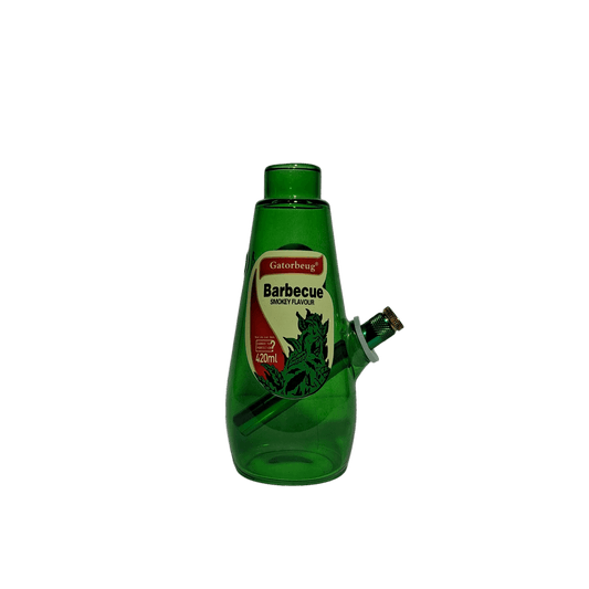 Green bottle with barbecue flavor label on a white background