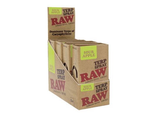 Raw Terp Spray packaging for sour apple flavor on a white background
