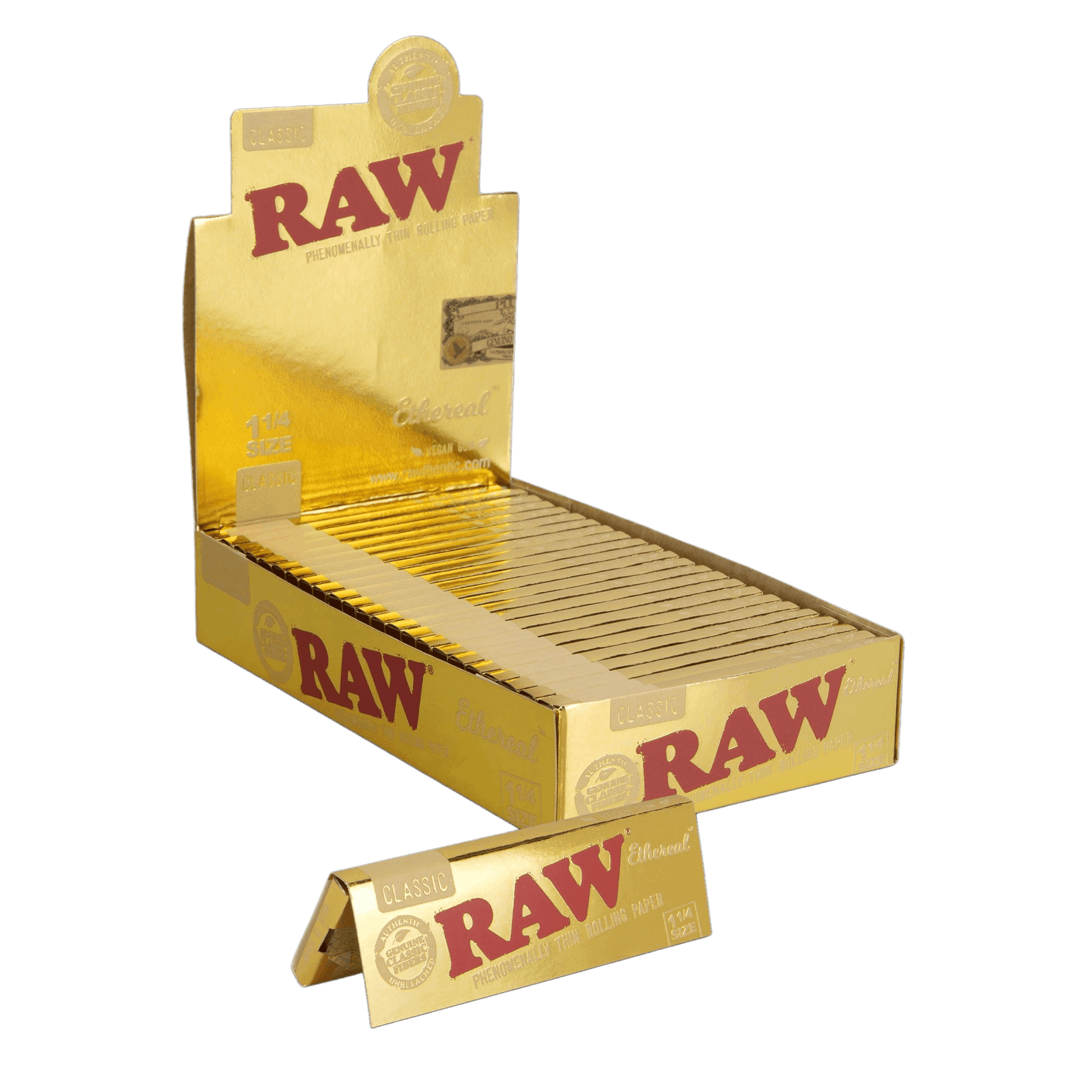 Open box of Raw rolling papers with a display stand on a white background