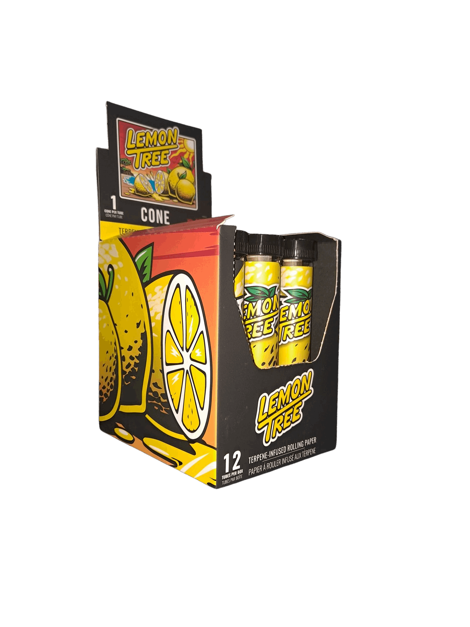 Packaging of Lemon Tree rolling paper with lemon graphics on a white background