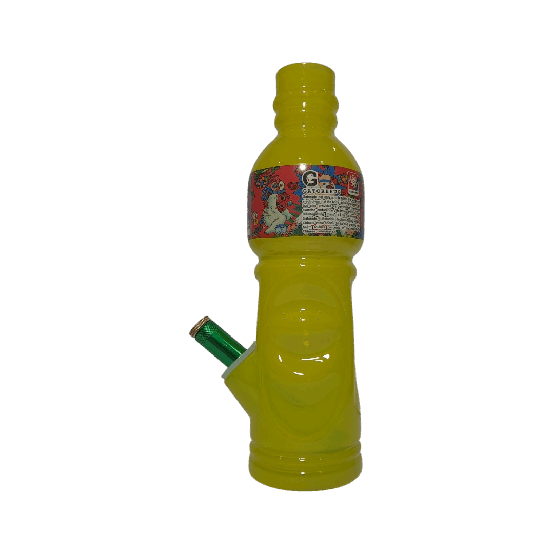 Yellow bottle with a green straw on a white background