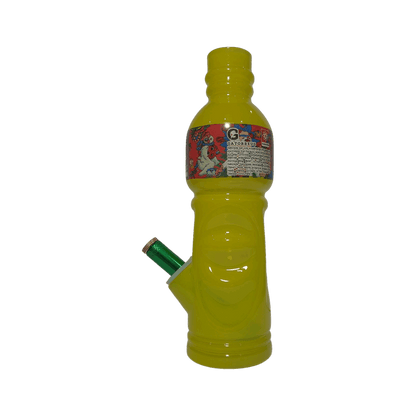 Yellow bottle with a green straw on a white background